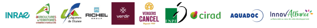 Logos des partenaires : INRAE, Chambres d'agriculture, Légumes de France, Richel Group, Verdir, Vergers Cancel, FNPF, Cirad, Aquadoc et InnovAlliance