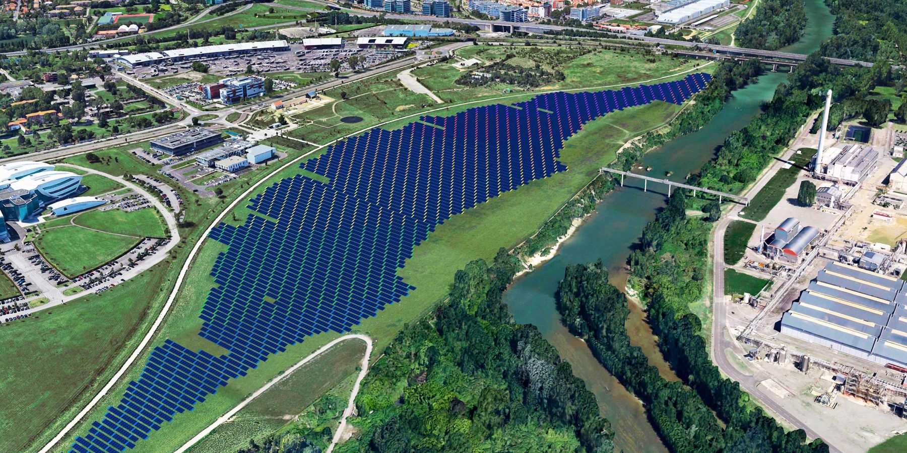 Vue 3D du projet de centrale solaire de l'Oncopole, en bordure de Toulouse